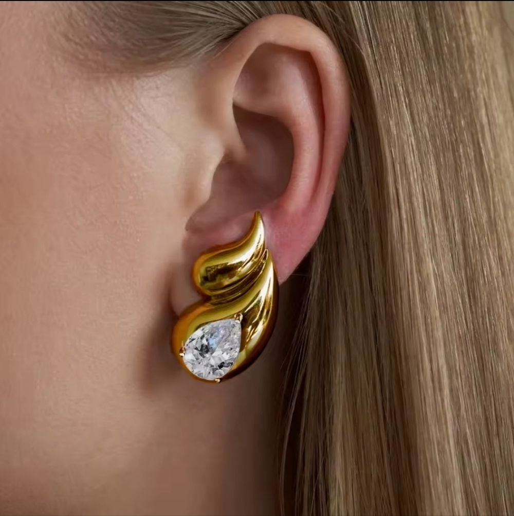 Gold Color Chunky Double Teardrop Earrings Clear Crystal Waterdrop - Picture 1 of 3